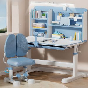 "Adaptable Height Children Computer Desk Pink/Light Blue with Chair, Repository, Shelf, Compartment and Hutch"