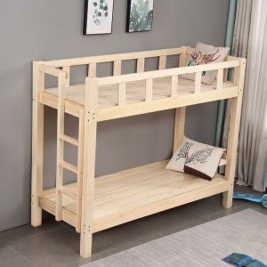 "Art Deco Natural Wood Bunk Children's Bed with Neutral Wood Tone, Built-In Ladder & Guardrail, Gender Neutral"